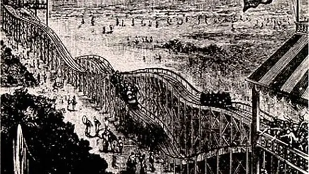 أفعوانية Switchback Railway في (كوني آيلاند) التي افتتحت في السادس عشر من يونيو سنة 1884.